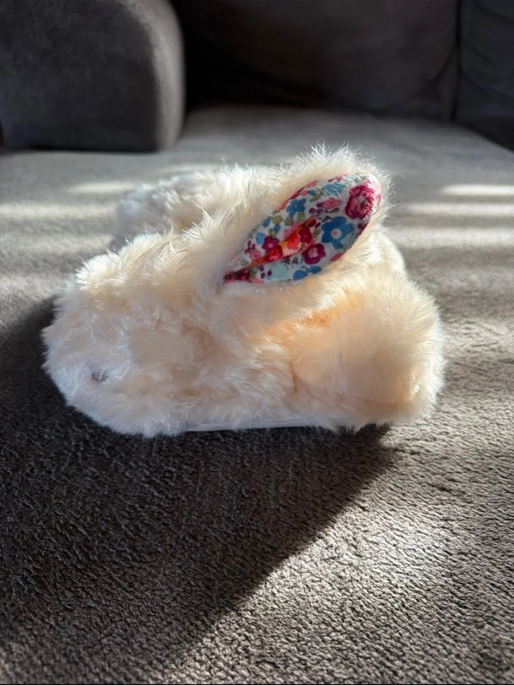 Kids Plush Bunny Slippers in Cream with Floral Ears